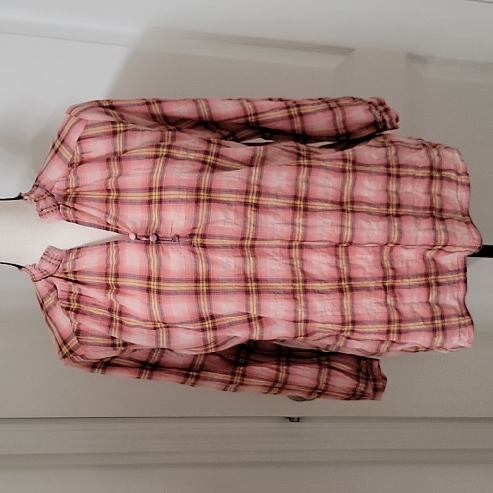 St John's Bay Size L Plaid Popover Top,  3/4 Sleeve Pink Plaid, EUC